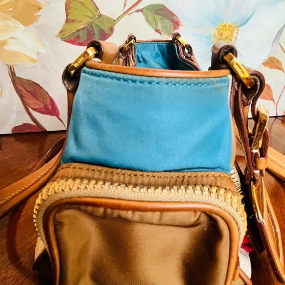Prada Vintage Beige Mixed Material Multicolor Bag w/Leather Trim & Teal Interior - Picture 16 of 17